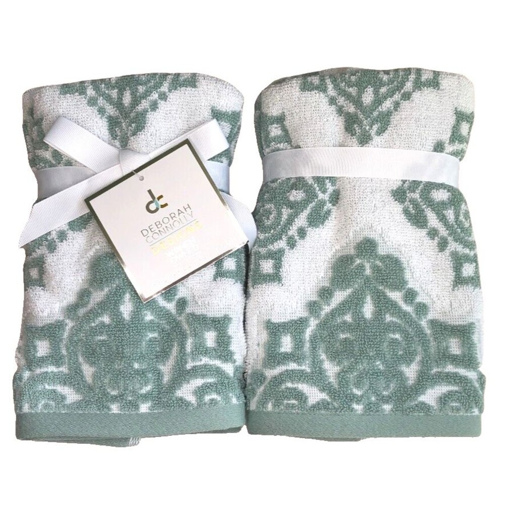 Deborah Connolly Fingertip Towels Green White Chenille Sculptured Set of 2